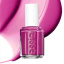 Essie Nagellackflasche in Pink mit weißem Deckel vor Farbmuster – ideal für leuchtende, trendige Maniküren..